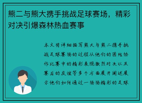 熊二与熊大携手挑战足球赛场，精彩对决引爆森林热血赛事